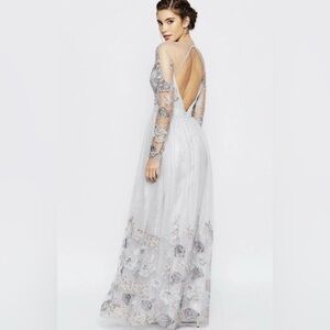 Chi Chi London Prom Dress Silver Embroidered Tulle Maxi Open Back Formal US 6